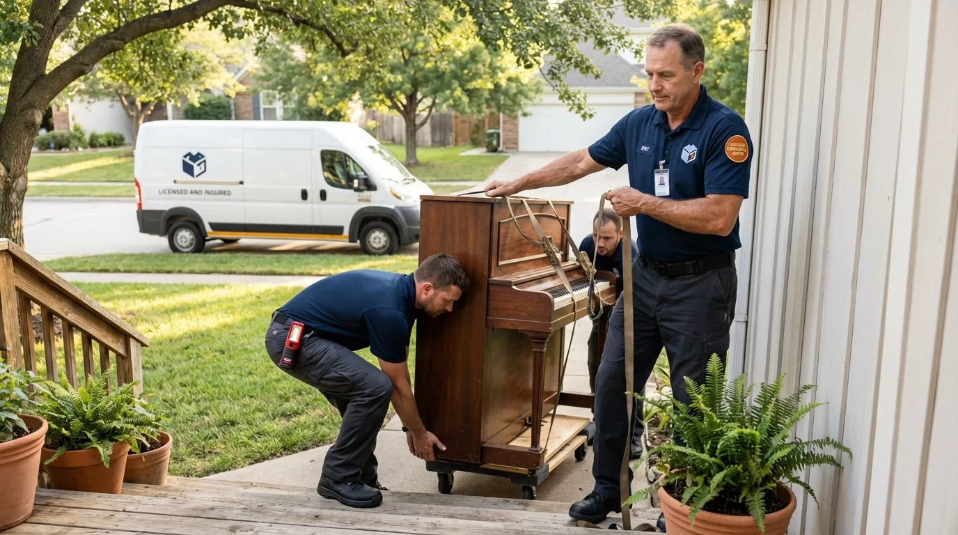 Licensed piano movers securing grand piano in Springfield, CO