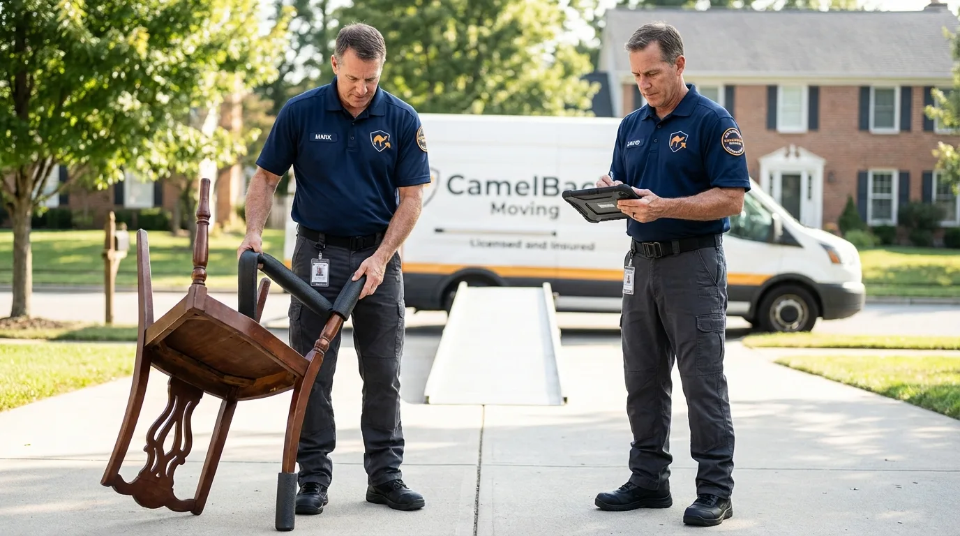 Movers inspecting furniture for damage prevention before loading in Springfield, CO