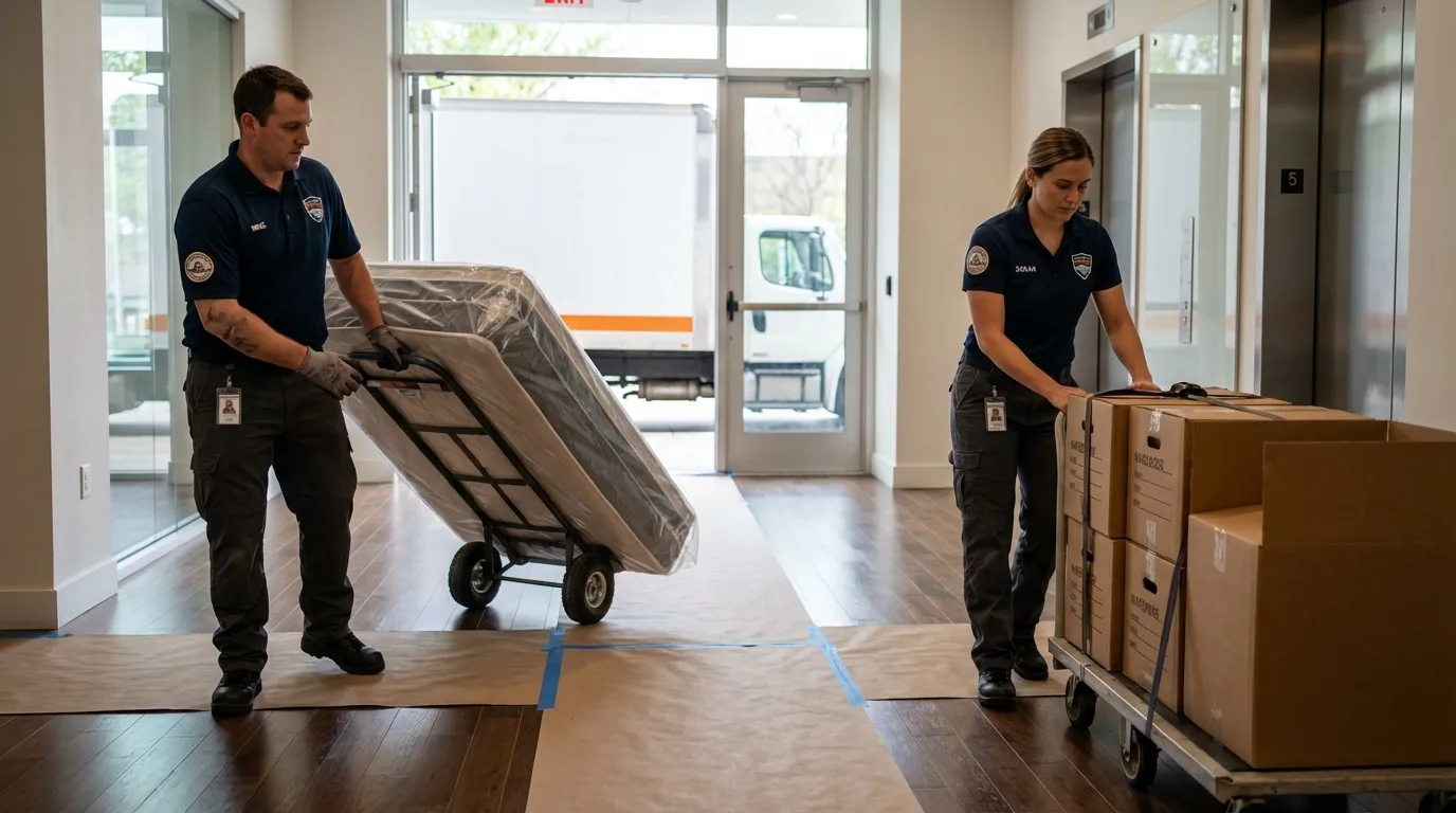 Professional apartment movers loading elevator in Springfield, CO