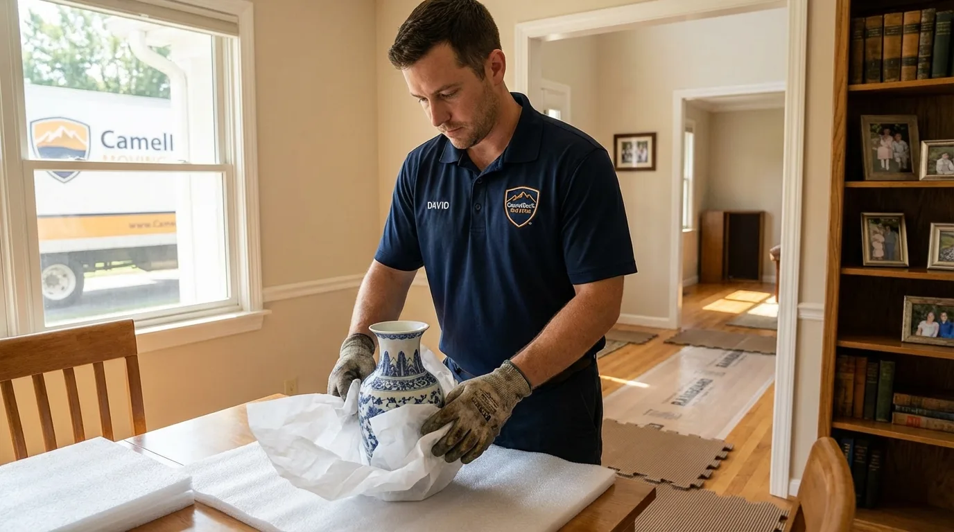 Professional crew carefully wrapping antique vase for senior downsizing move in Springfield, CO